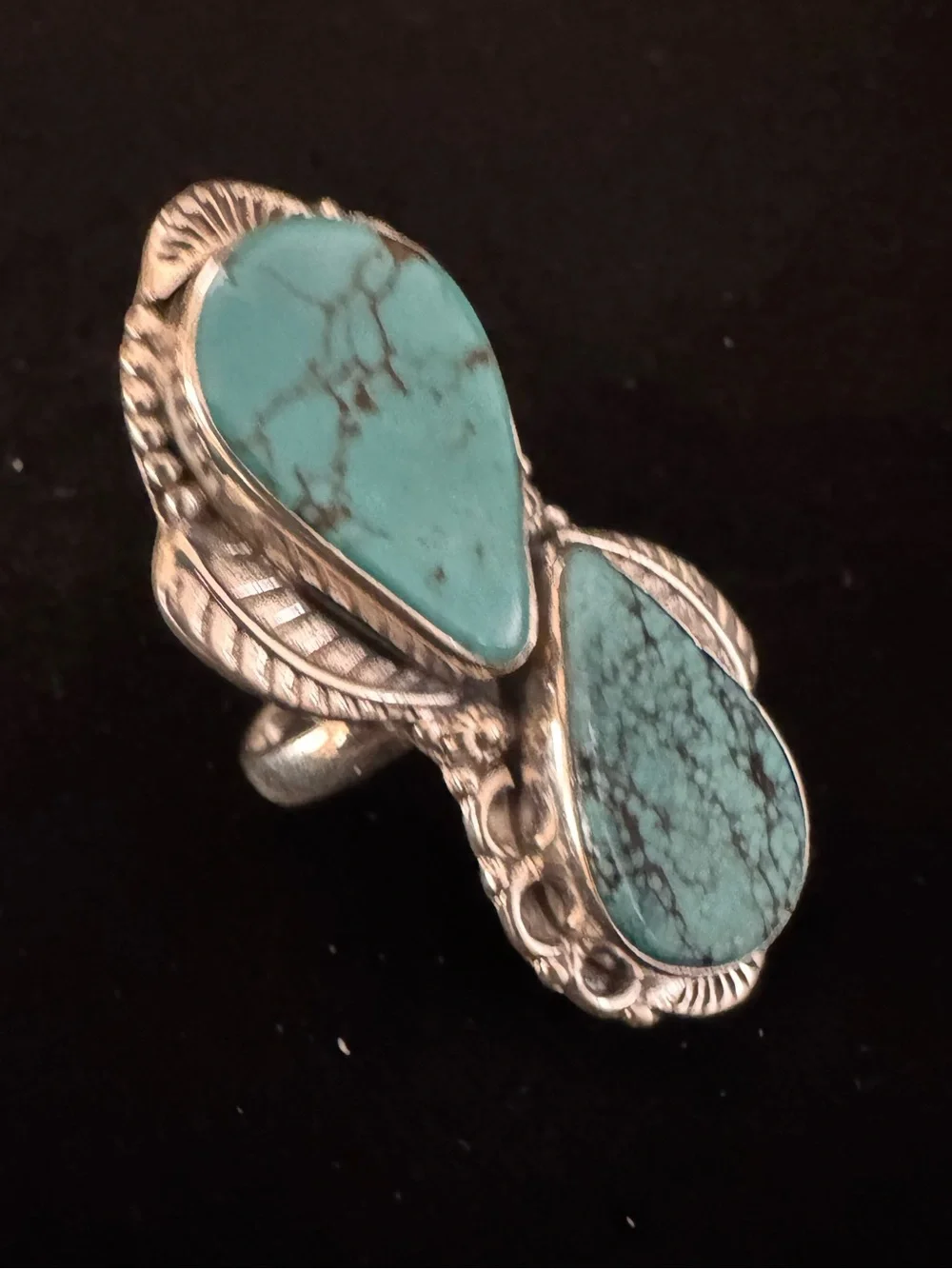 Genuine kingman Turquoise Double Teardrop Statement Ring -‎ sterling Silver